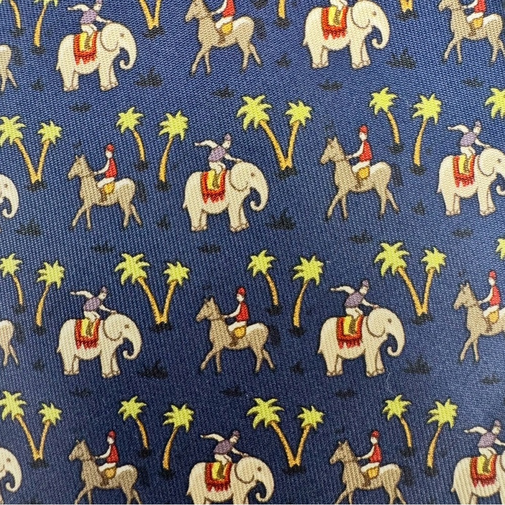 Authentic HERMES Paris Silk Tie Blue Elephant Jockeys Safari Vintage 5416 OA